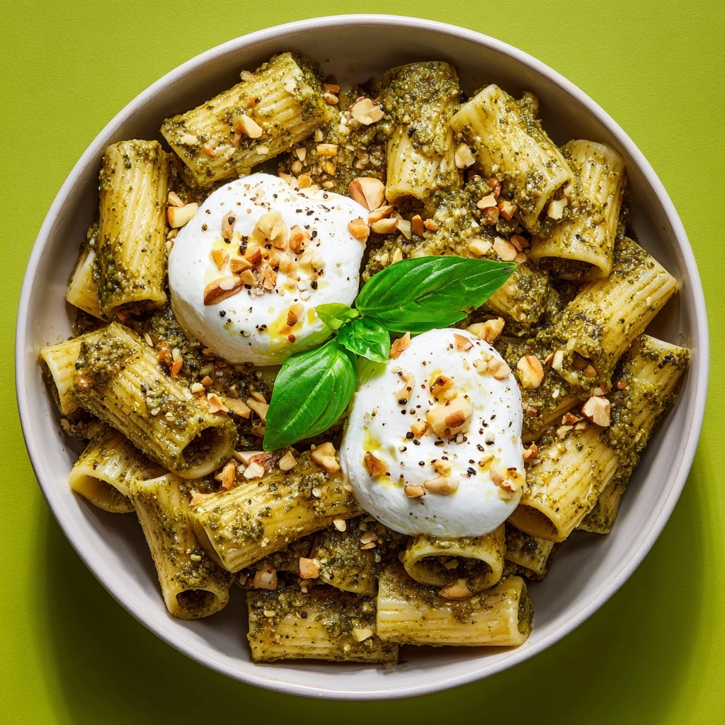 Creamy One Pot Rigatoni with Basil-Pistachio Pesto & Burrata Recipe - Recipe Image