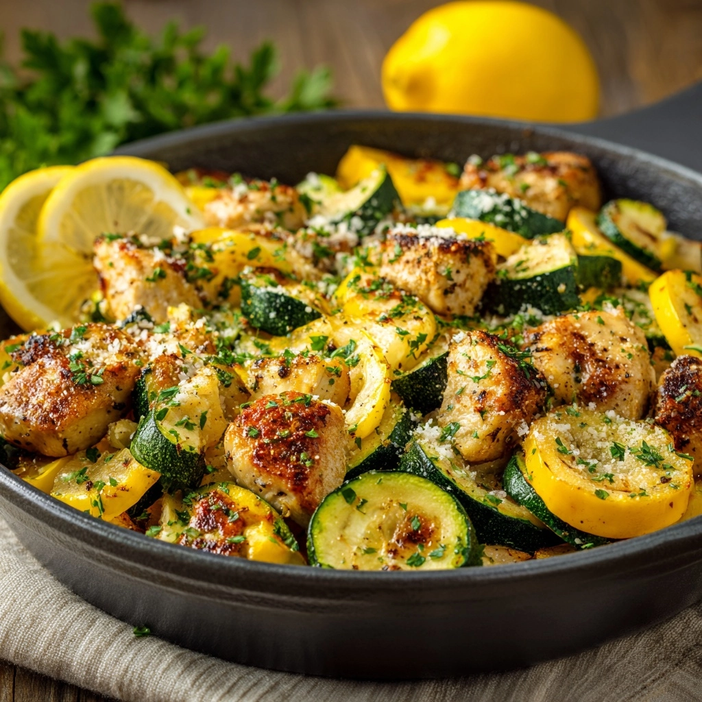 Skillet Lemon Parmesan Chicken with Zucchini and Squash Recipe - Recipe Image