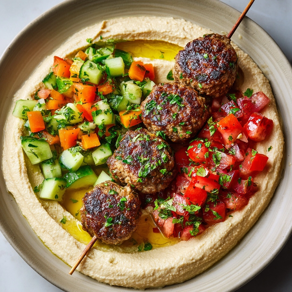 Beef Kefta with Hummus and Tomato Cucumber Salad Recipe - Recipe Image