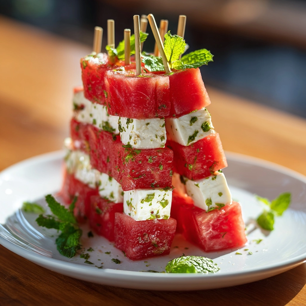 Watermelon and Feta Skewers with Mint Recipe - Recipe Image