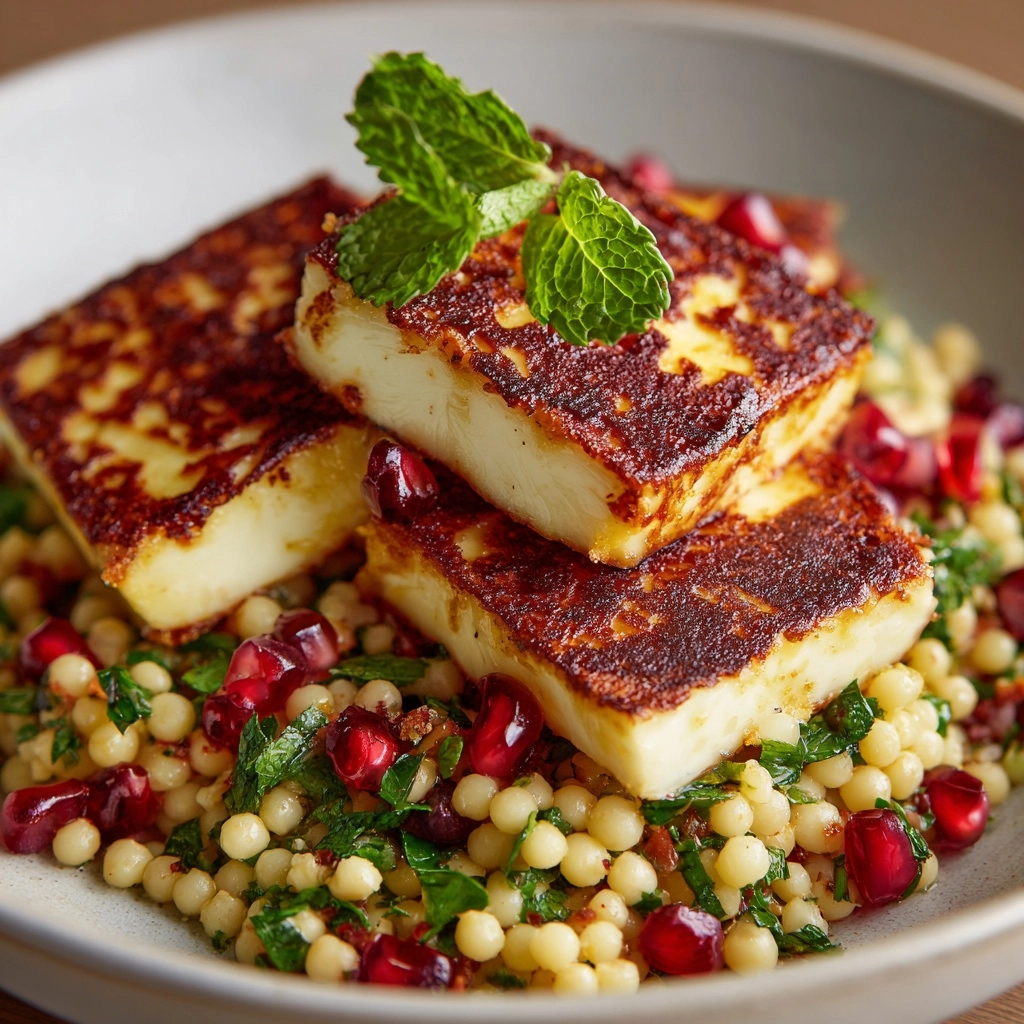 Halloumi & Pomegranate Couscous Salad with Mint-Lemon Dressing Recipe - Recipe Image