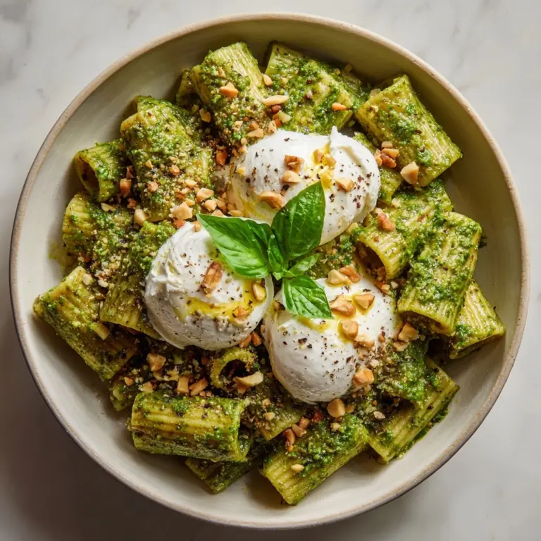 Creamy One Pot Rigatoni with Basil-Pistachio Pesto & Burrata Recipe