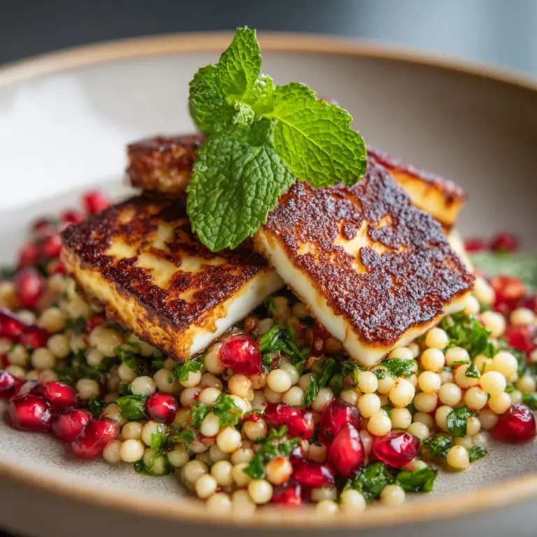 Halloumi & Pomegranate Couscous Salad with Mint-Lemon Dressing Recipe