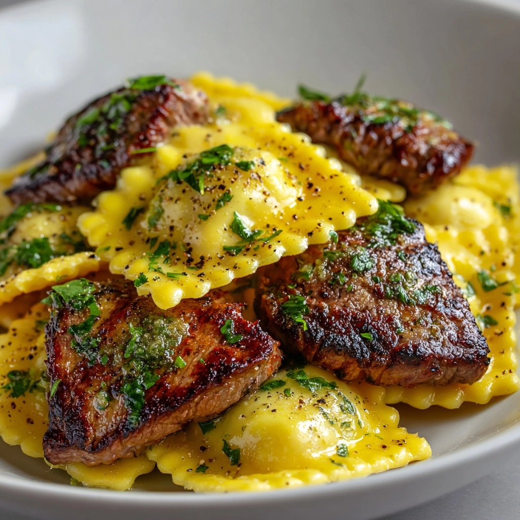 One-Skillet Garlic Butter Steak & Cheese Ravioli Recipe - Recipe Image