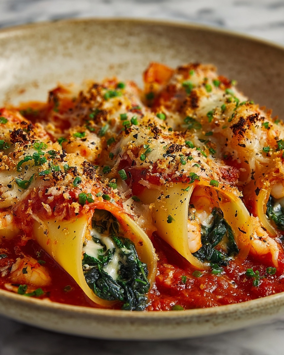 Shrimp and Spinach Stuffed Pasta Rolls with Roasted Red Pepper Cream Recipe - Recipe Image