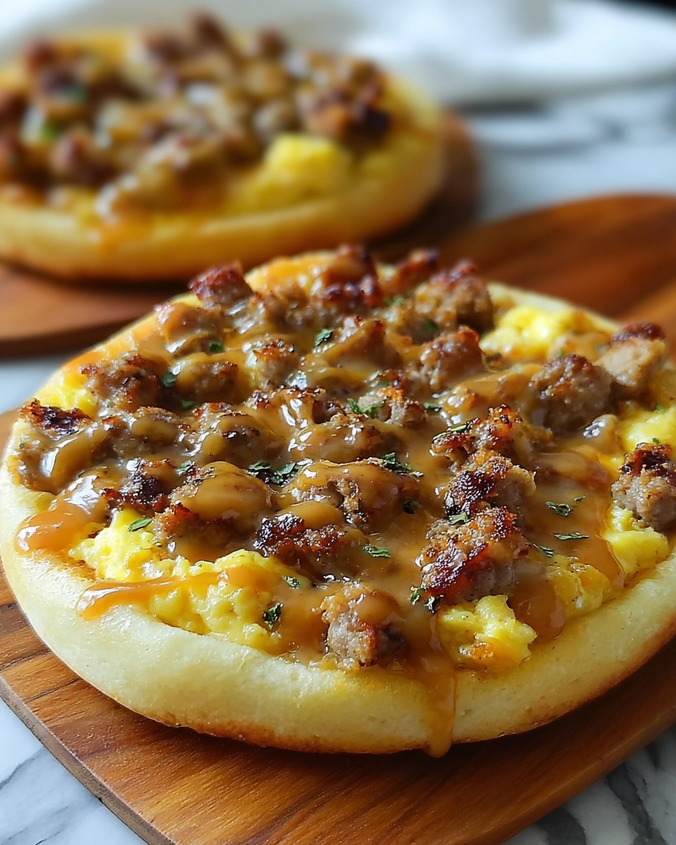 English Muffin Breakfast Pizza with Sausage, Eggs, and Sawmill Gravy Recipe - Recipe Image
