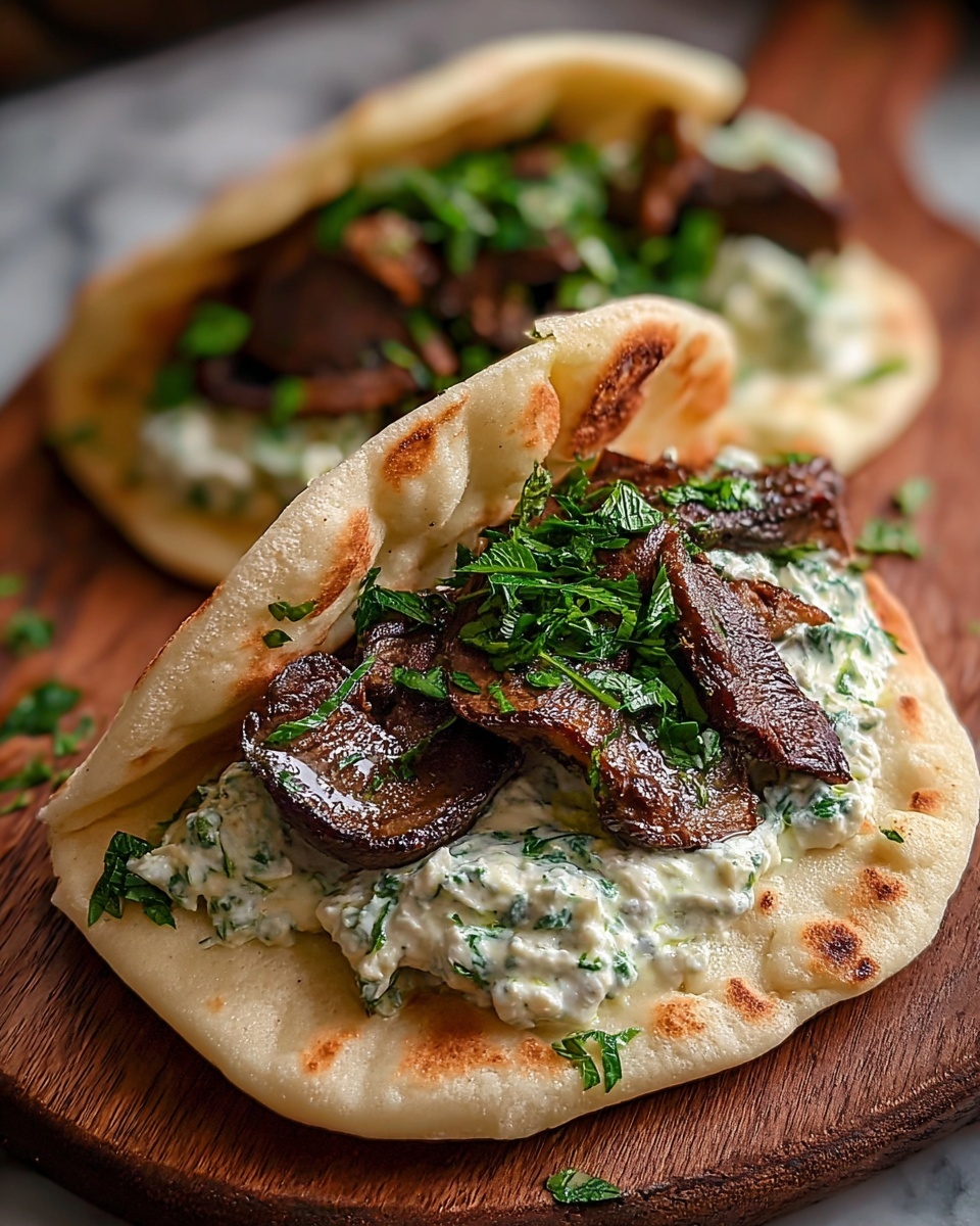 Cheesy Beef and Mushroom Pita Pockets with Tzatziki Sauce Recipe - Recipe Image