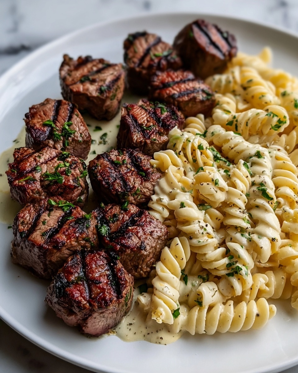 Garlic Butter Steak Bites & Cheesy Alfredo Twists Recipe - Recipe Image