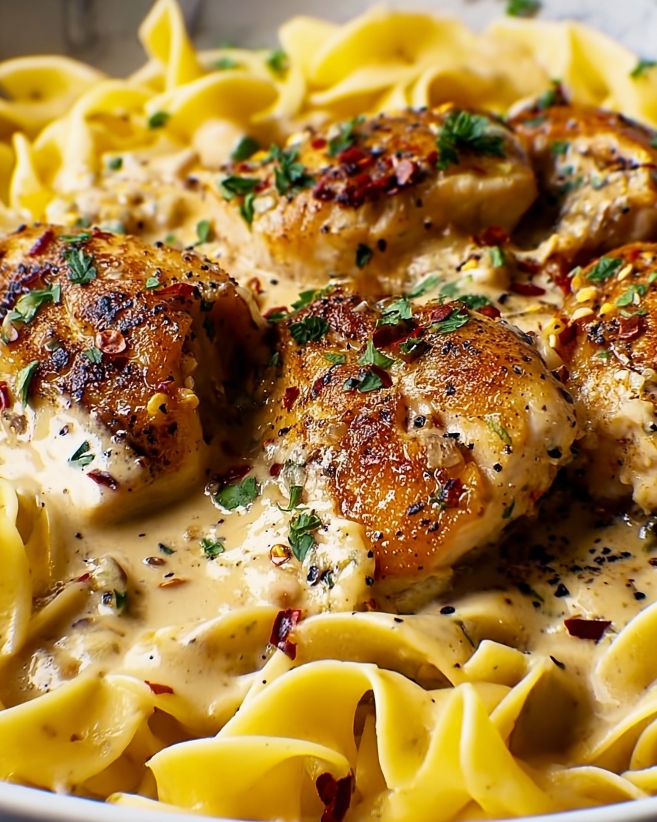 One-Pan Creamy Garlic Butter Chicken with Egg Noodles Recipe - Recipe Image