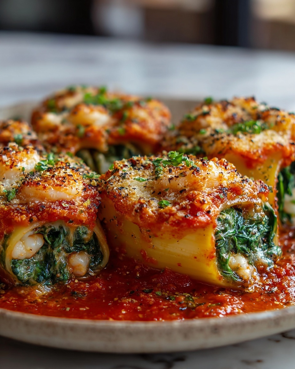 Shrimp and Spinach Stuffed Pasta Rolls with Roasted Red Pepper Cream Recipe - Recipe Image