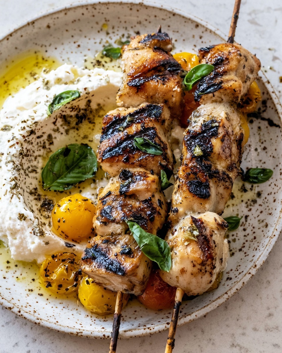 Basil and Garlic Grilled Chicken Skewers with Garlicky Whipped Ricotta Recipe - Recipe Image