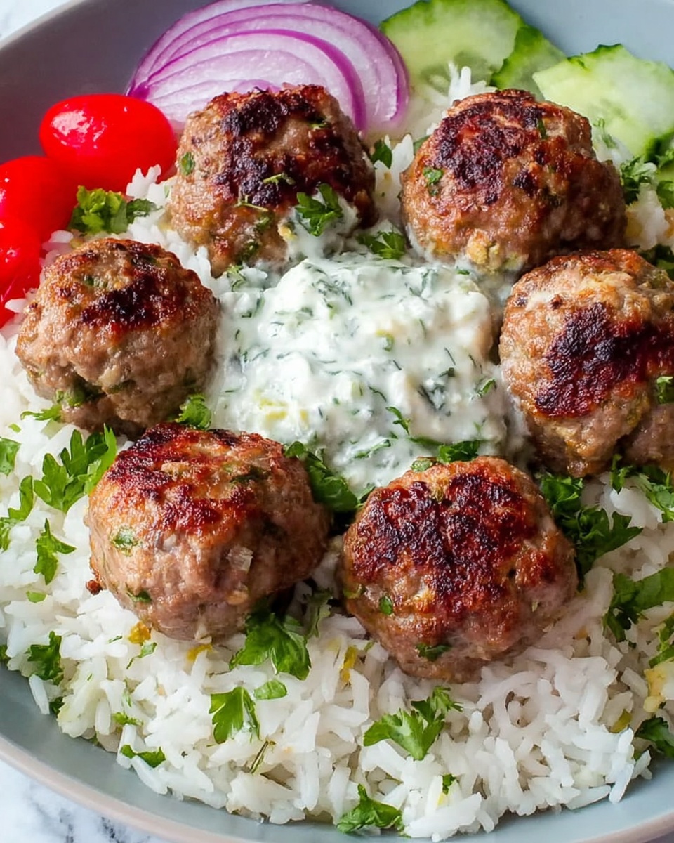 Greek Meatball Bowl with Tzatziki, Rice & Fresh Veggies Recipe - Recipe Image
