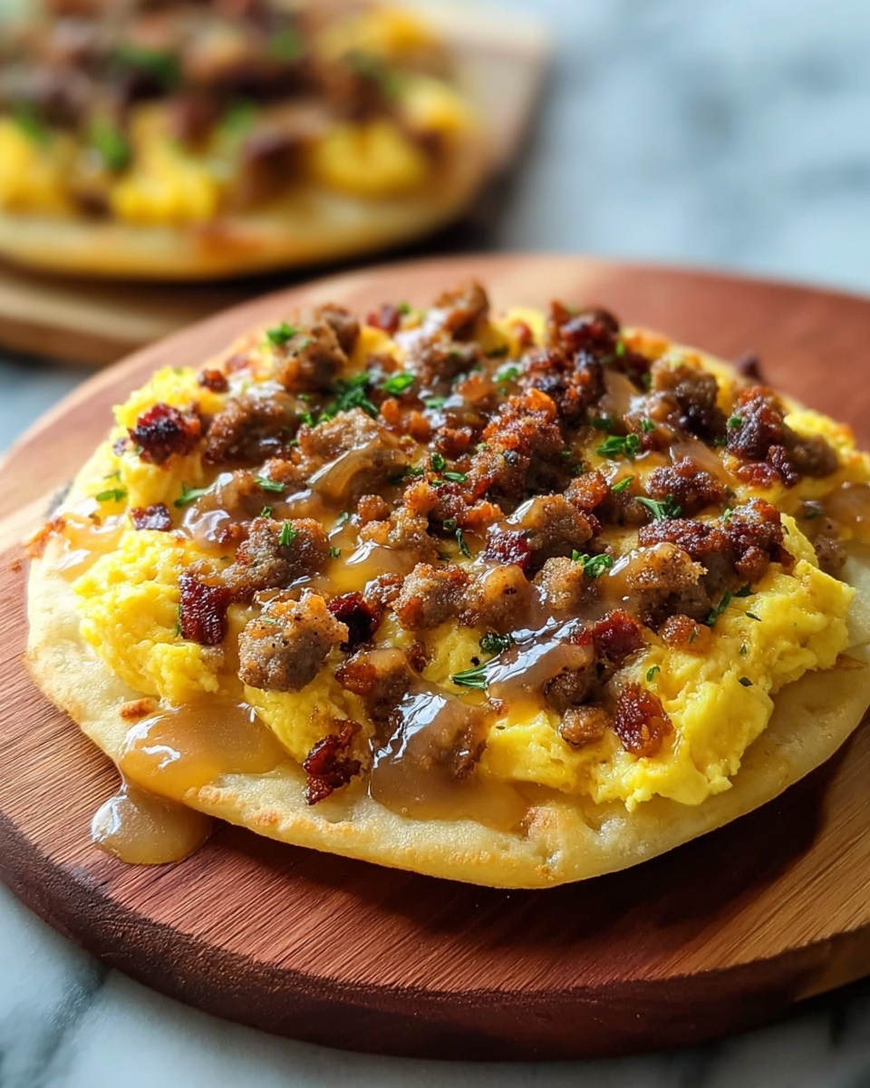 English Muffin Breakfast Pizza with Sausage, Eggs, and Sawmill Gravy Recipe - Recipe Image