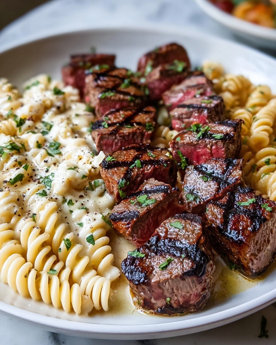 Garlic Butter Steak Bites & Cheesy Alfredo Twists Recipe - Recipe Image