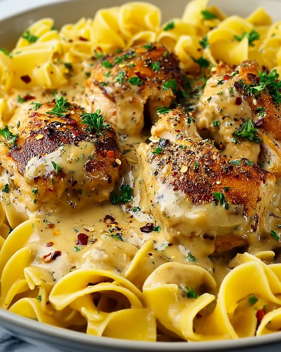 One-Pan Creamy Garlic Butter Chicken with Egg Noodles Recipe - Recipe Image