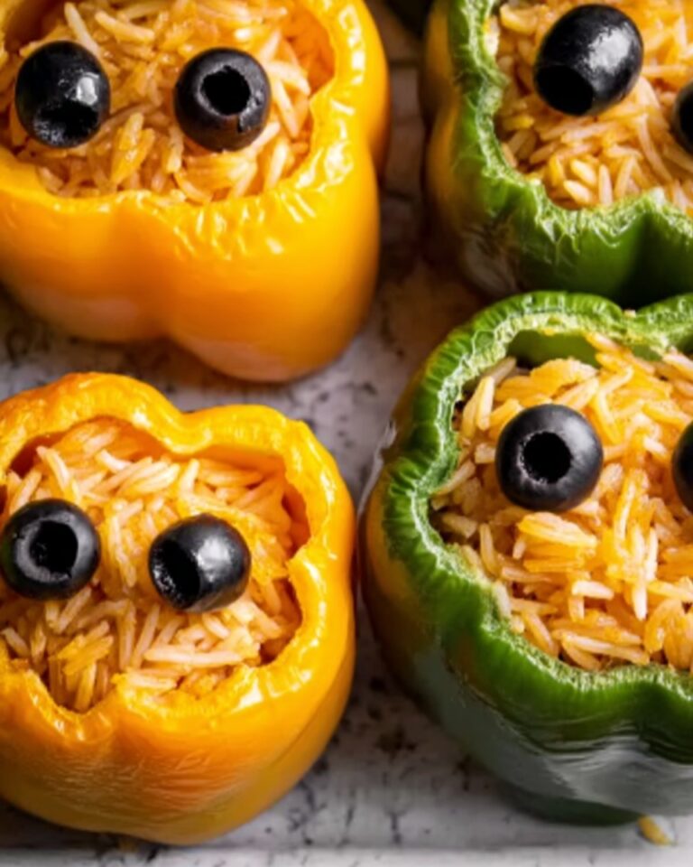 Halloween Shredded Chicken & Rice Stuffed Peppers Recipe