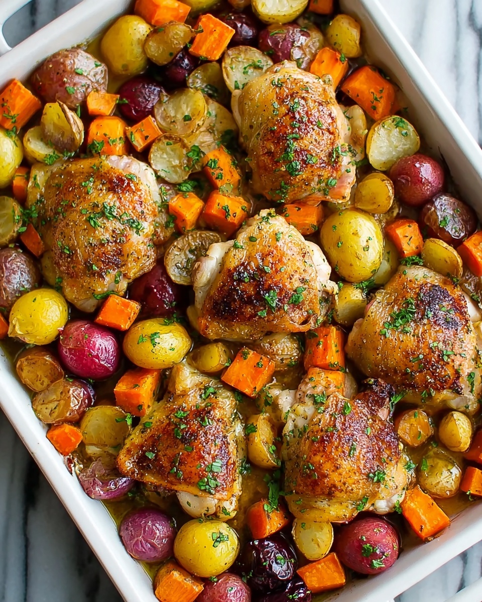 One-Pan Autumn Chicken Dinner with Roasted Sweet Potatoes, Carrots, Brussels Sprouts, and Apples Recipe - Recipe Image