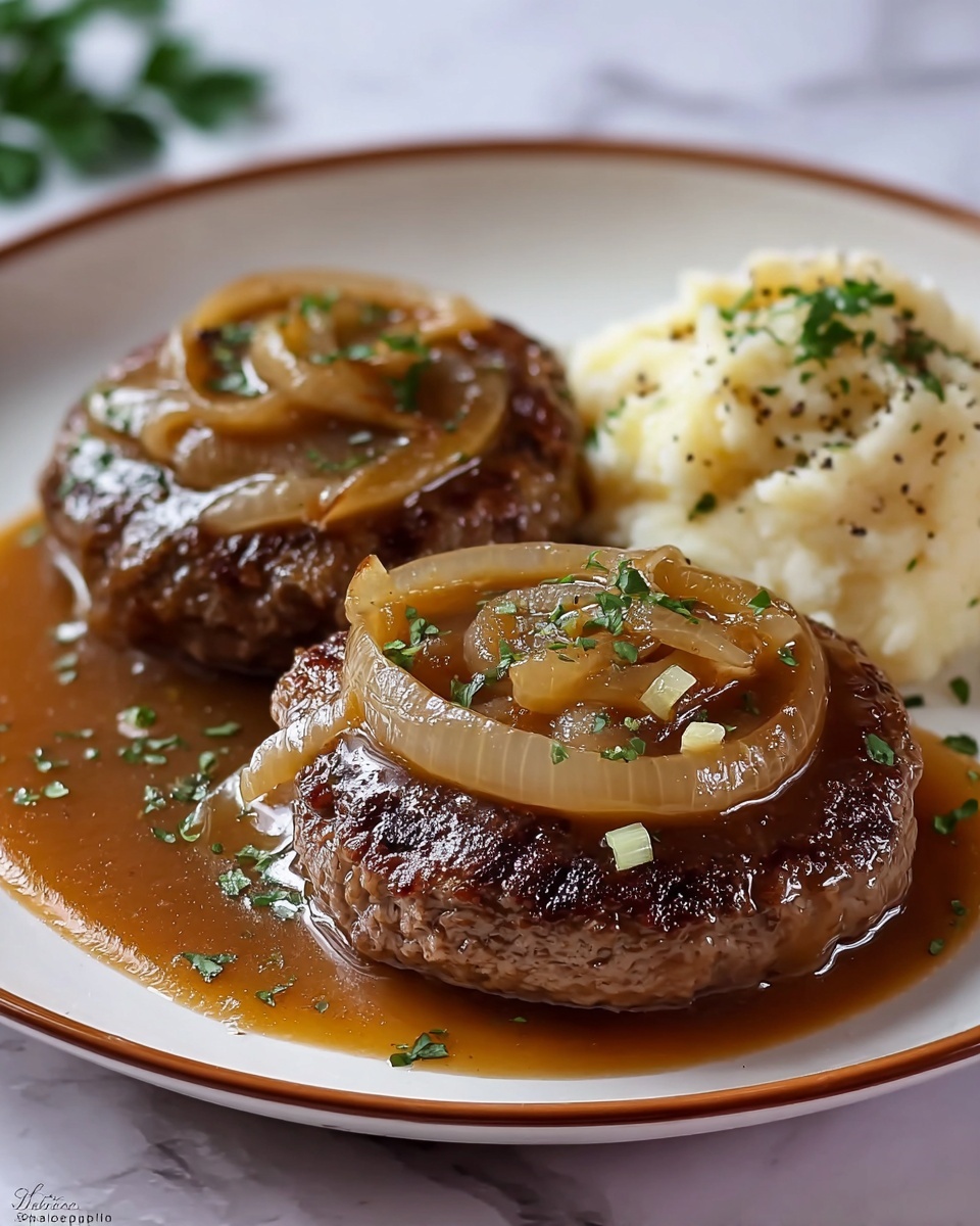 Hamburger Steaks with Onion Gravy Recipe - Recipe Image