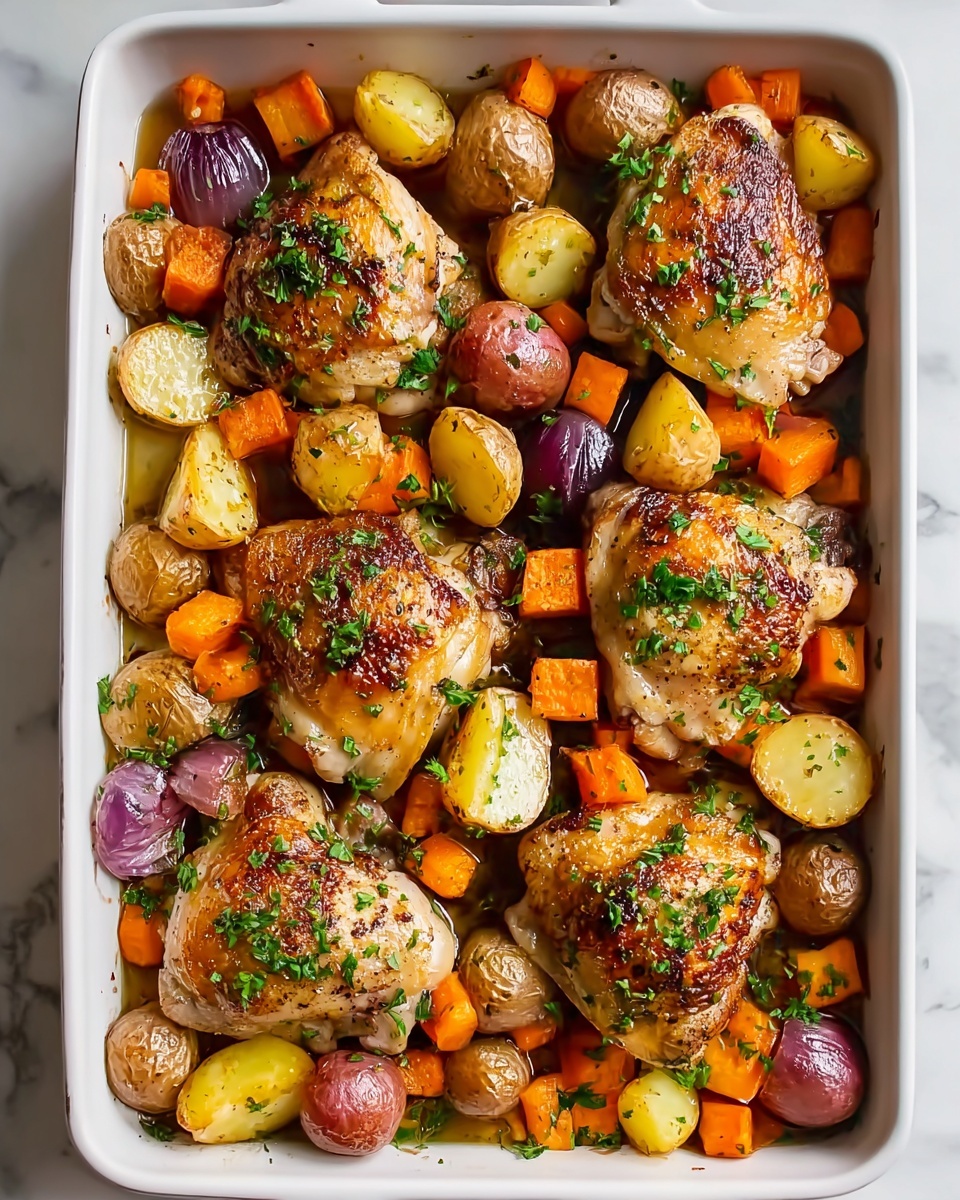 One-Pan Autumn Chicken Dinner with Roasted Sweet Potatoes, Carrots, Brussels Sprouts, and Apples Recipe - Recipe Image