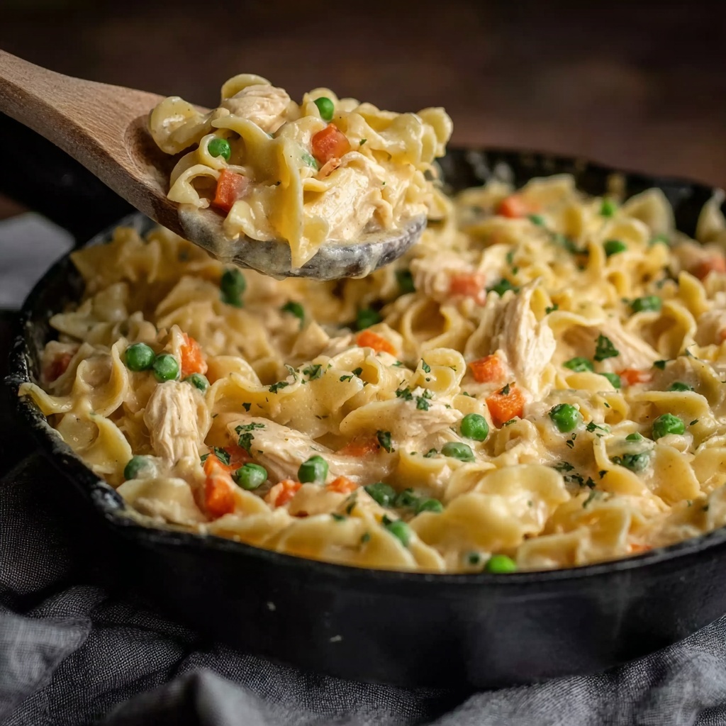 Creamy Chicken Pot Pie Noodle Skillet Recipe - Recipe Image
