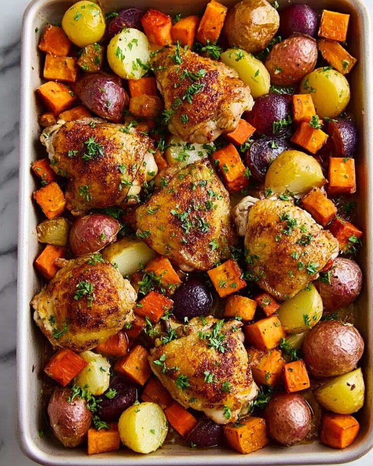 One-Pan Autumn Chicken Dinner with Roasted Sweet Potatoes, Carrots, Brussels Sprouts, and Apples Recipe
