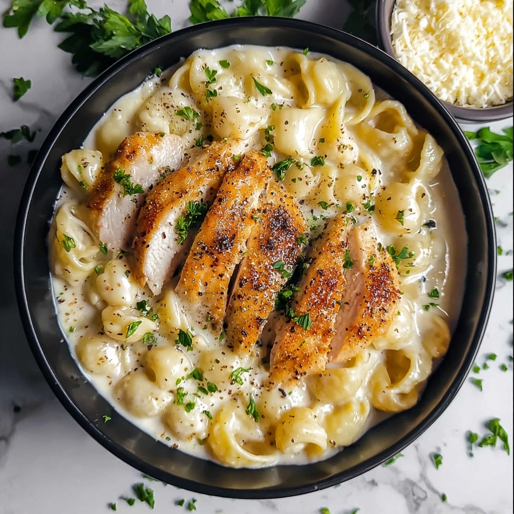Creamy Garlic Butter Chicken and Rotini in Parmesan Sauce Recipe - Recipe Image