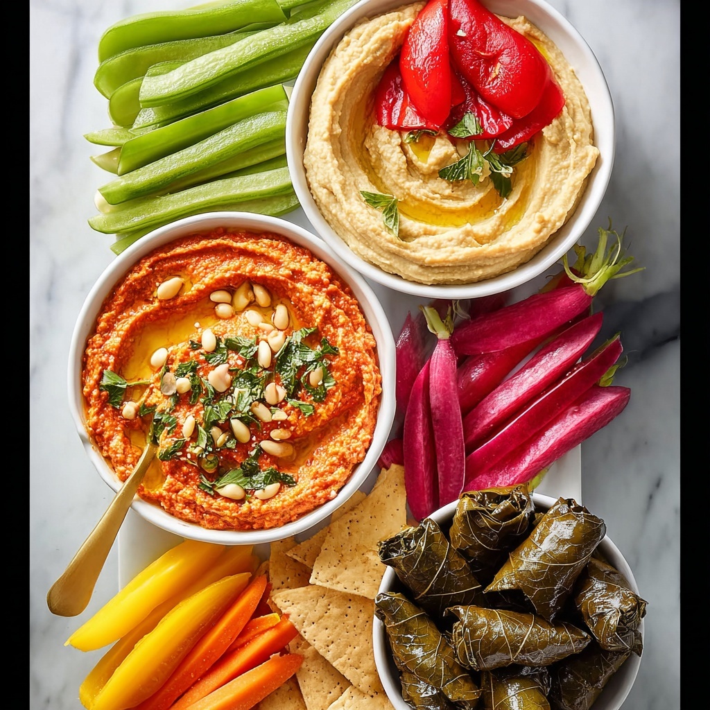 Hummus Board with Fresh Vegetables, Grape Leaves, and Crispy Snacks Recipe - Recipe Image