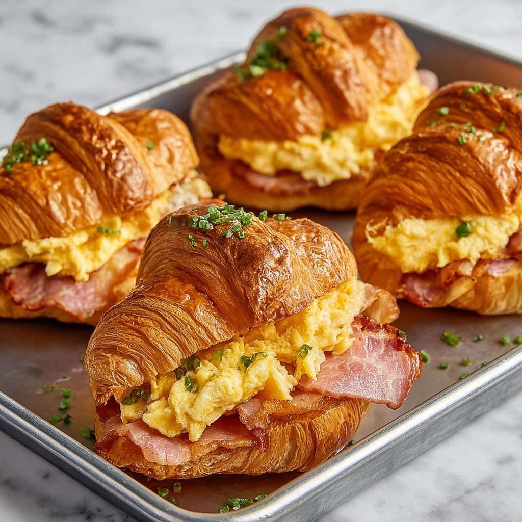 Croissant Breakfast Sandwiches with Ham, Bacon, and Scrambled Eggs Recipe - Recipe Image