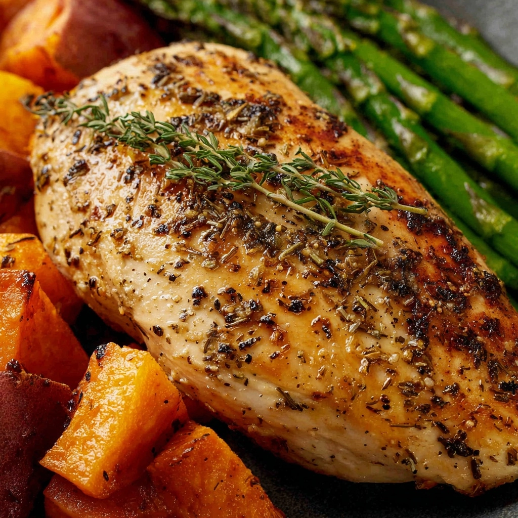 Garlic Herb Chicken with Roasted Sweet Potato & Asparagus Recipe - Recipe Image