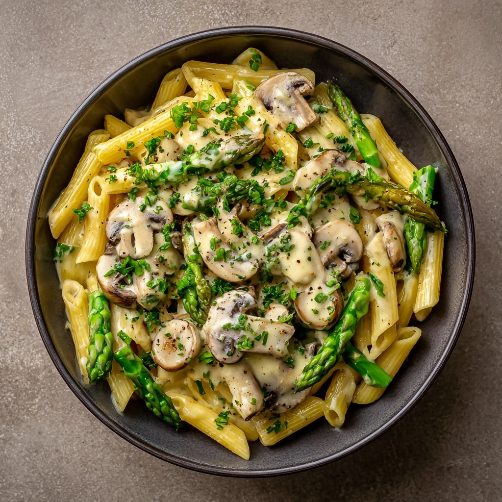 Creamy Mushroom and Asparagus Chicken Penne Recipe - Recipe Image