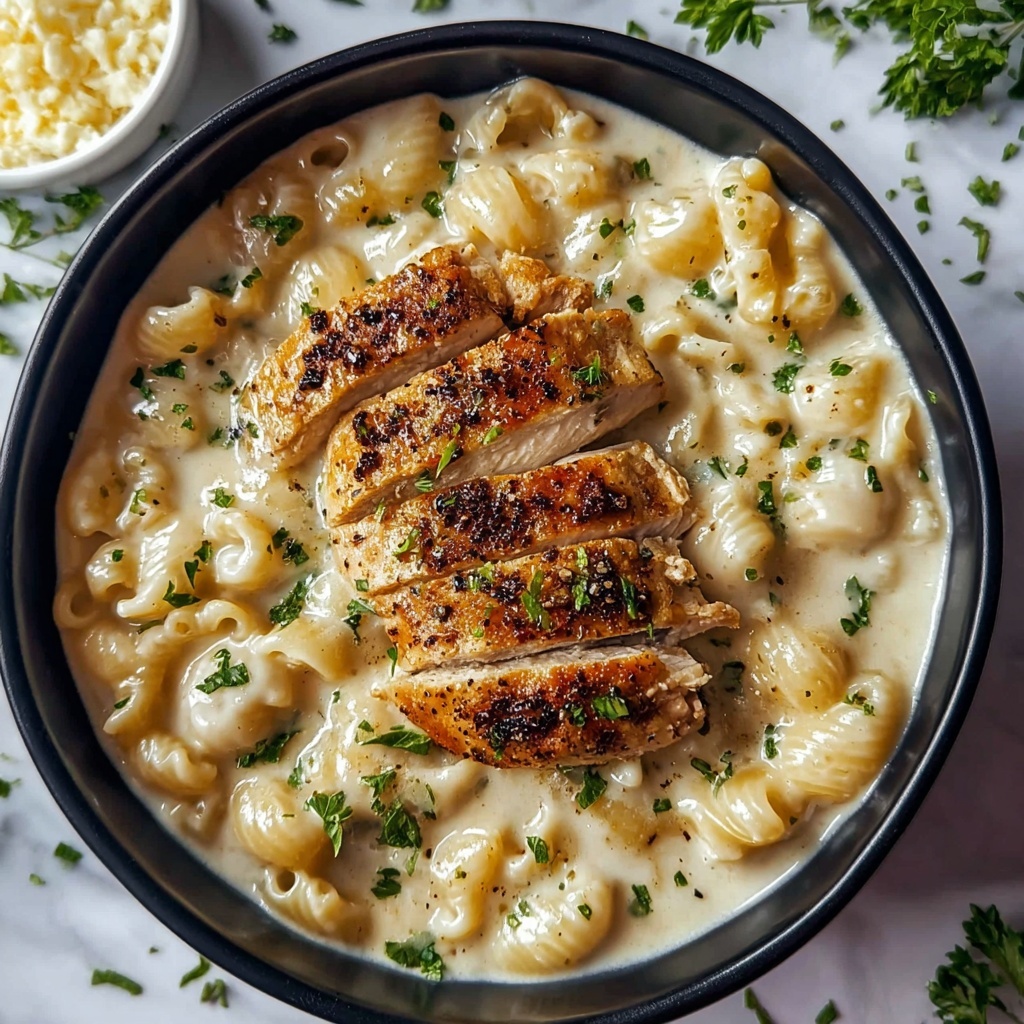 Creamy Garlic Butter Chicken and Rotini in Parmesan Sauce Recipe - Recipe Image