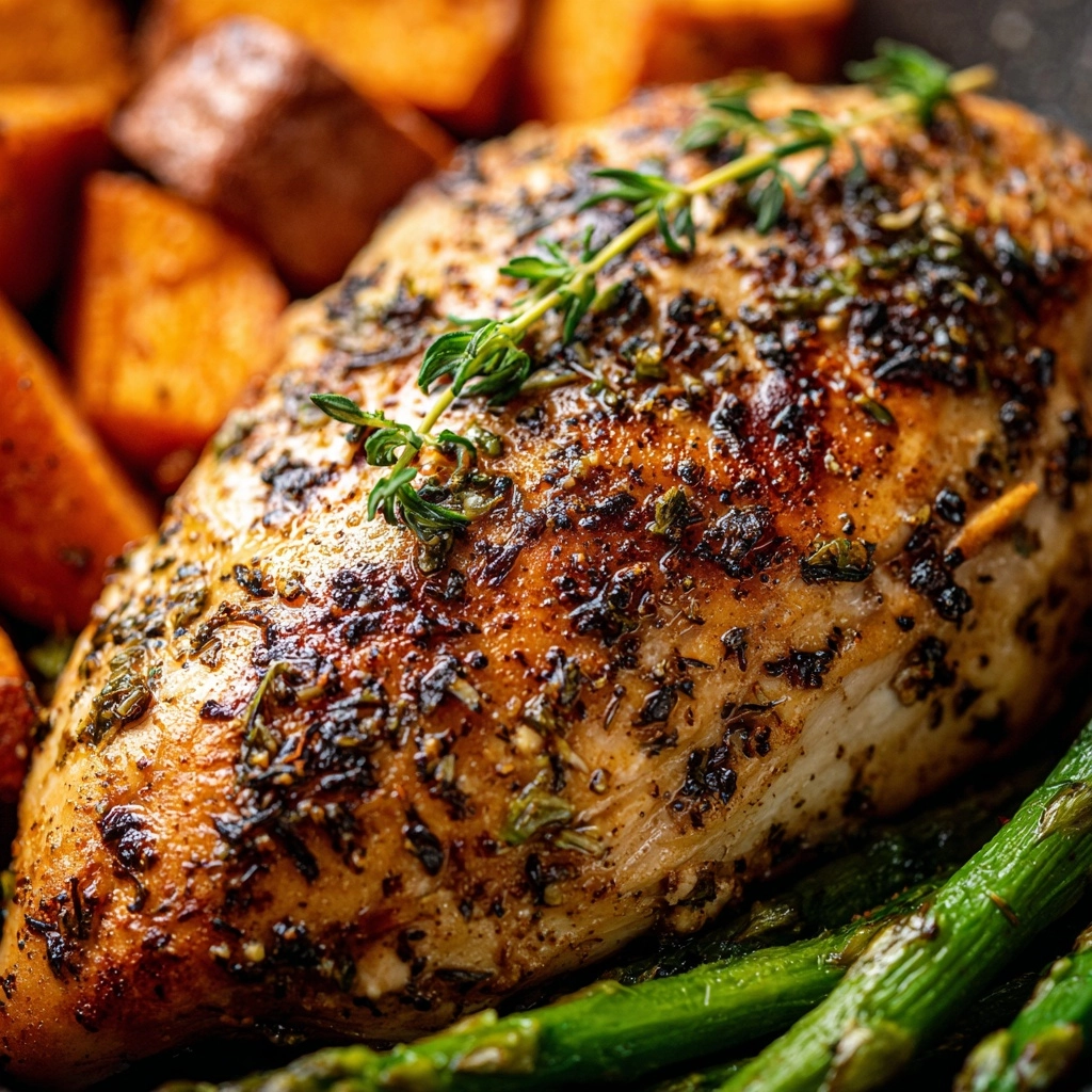 Garlic Herb Chicken with Roasted Sweet Potato & Asparagus Recipe - Recipe Image