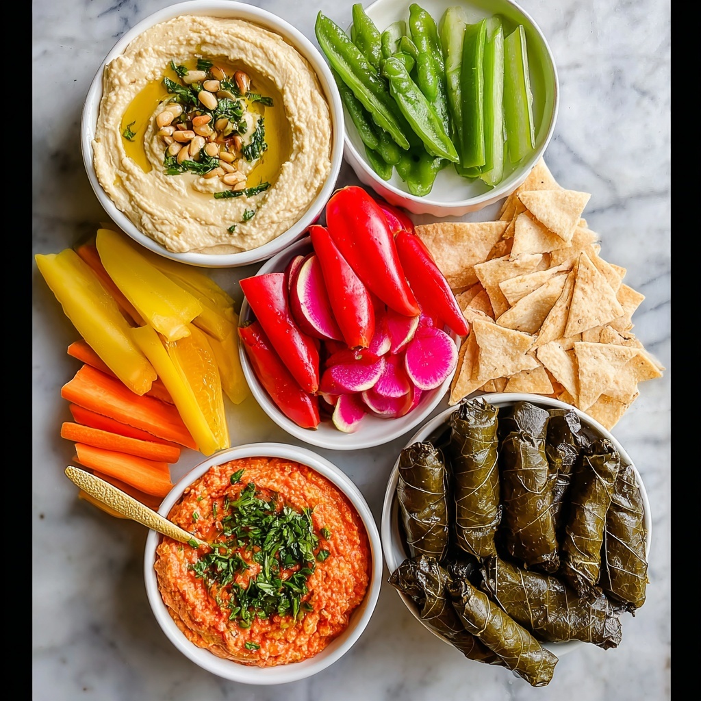 Hummus Board with Fresh Vegetables, Grape Leaves, and Crispy Snacks Recipe - Recipe Image