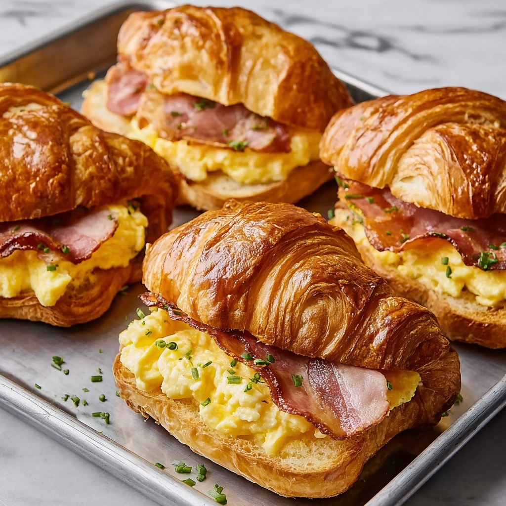 Croissant Breakfast Sandwiches with Ham, Bacon, and Scrambled Eggs Recipe - Recipe Image