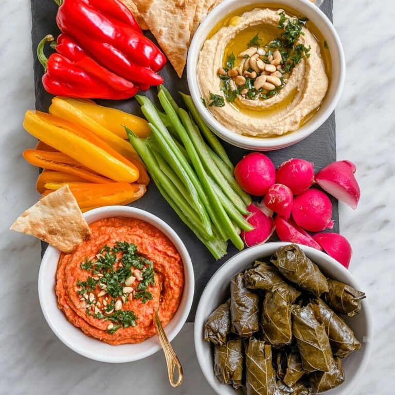 Hummus Board with Fresh Vegetables, Grape Leaves, and Crispy Snacks Recipe