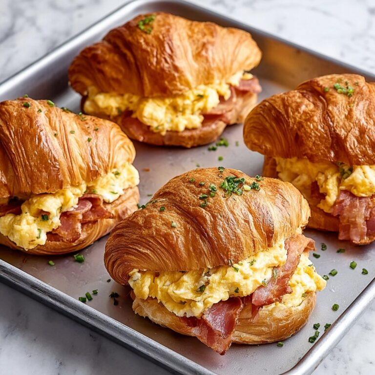 Croissant Breakfast Sandwiches with Ham, Bacon, and Scrambled Eggs Recipe