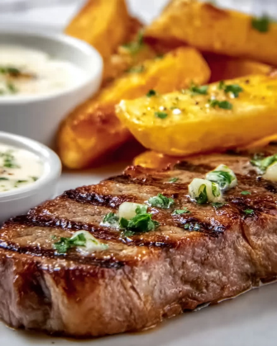 Tremendous Ribeye Steak with French Onions and Crispy French Fries Recipe - Recipe Image