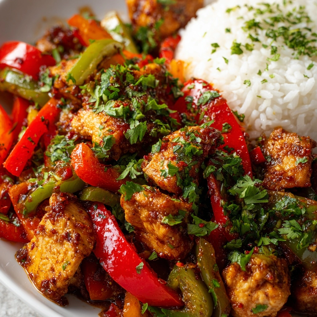 Garlic Chicken Stir-Fry with Peppers & Steamed Rice Recipe - Recipe Image
