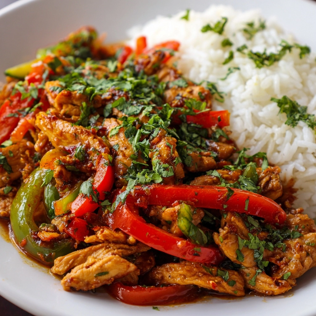 Garlic Chicken Stir-Fry with Peppers & Steamed Rice Recipe - Recipe Image