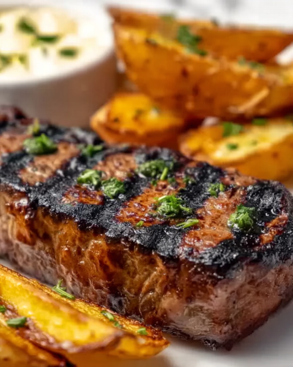 Tremendous Ribeye Steak with French Onions and Crispy French Fries Recipe - Recipe Image