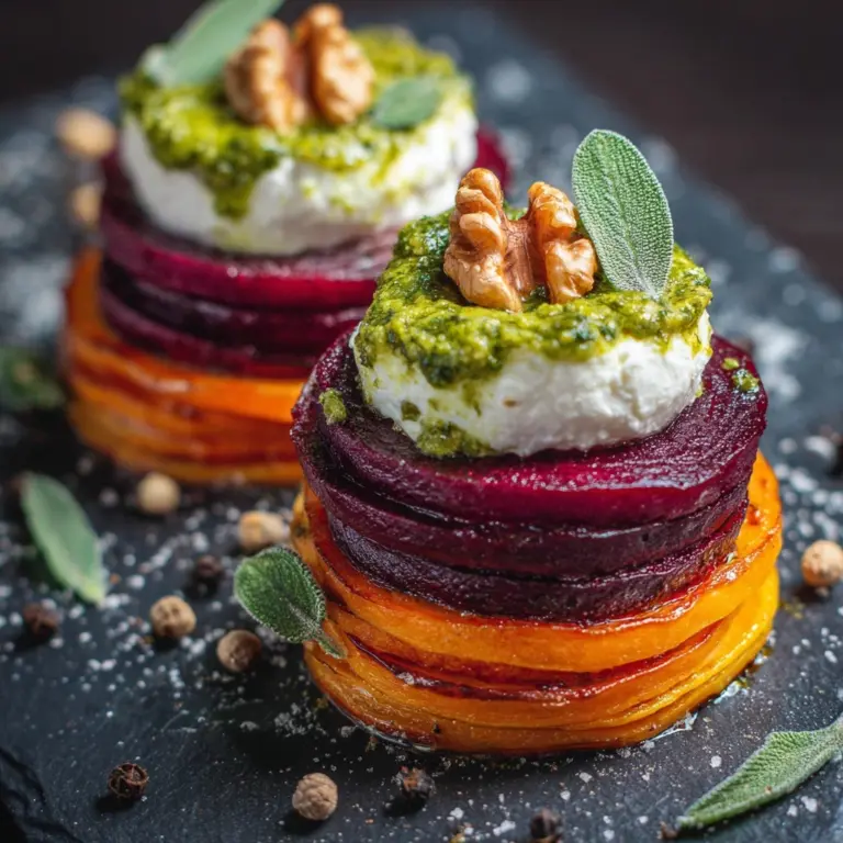 Sweet Potato Rounds with Burrata, Roasted Beets, and Walnut Sage Pesto Recipe